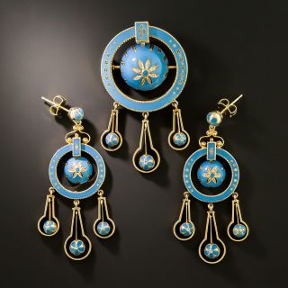 Victorian 18K Turquoise Enamel Brooch and Earring Set - 3