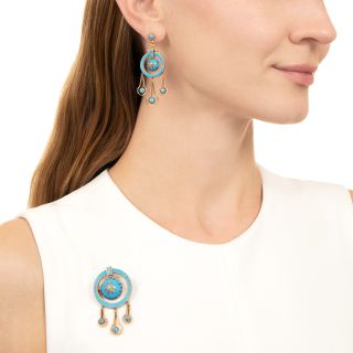 Victorian 18K Turquoise Enamel Brooch and Earring Set