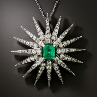 Victorian 3.50 Carat Emerald and Diamond Starburst Pendant/Brooch - GIA F1 - 2