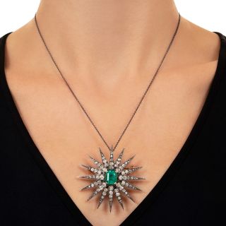 Victorian 3.50 Carat Emerald and Diamond Starburst Pendant/Brooch - GIA F1