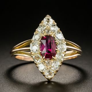 Victorian .56 Carat No-Heat Burmese Ruby and Diamond Navette Ring - GIA - 2