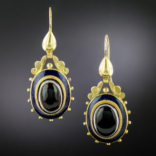 Victorian Agate and Blue Enamel Dangle Earrings - 2
