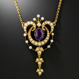 Victorian Amethyst and Natural Pearl Lavaliere Necklace - 3