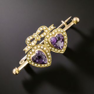Victorian Amethyst and Seed Pearl Hearts Brooch - 3