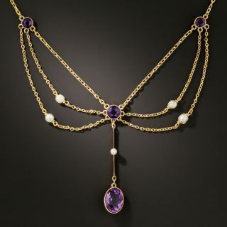Victorian Amethyst and Seed Pearl Swag Necklace - 3