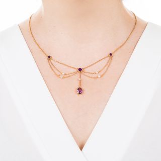 Victorian Amethyst and Seed Pearl Swag Necklace
