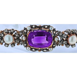 Victorian Amethyst, Diamond and Natural Pearl Bracelet