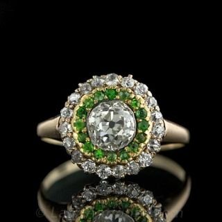 Victorian Diamond and Demantoid Engagement Ring Antique Jewelry 