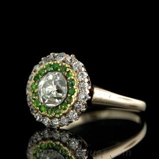 Victorian Antique Cushion Diamond and Demantoid Garnet Ring