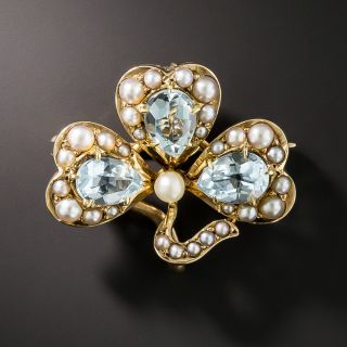 Victorian Aquamarine and Seed Pearl Shamrock Pin