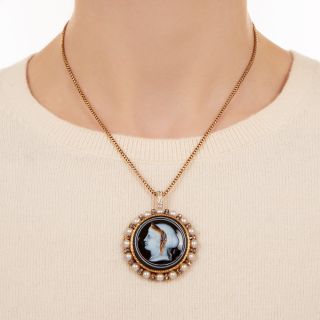 Victorian Banded Agate Cameo, Natural Pearl and Diamond Necklace