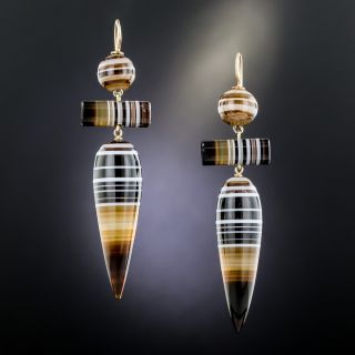 Victorian Banded Agate Long Drop Earrings - 2