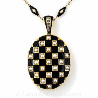 Victorian Black Enamel and Pearl Locket Necklace