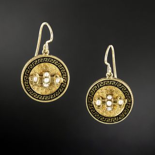 Victorian Black Enamel And Seed Pearl Drop Earrings  - 2