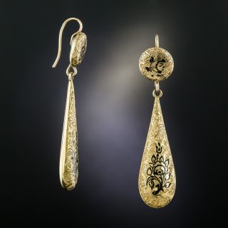 Victorian Black Enamel Floral Motif Drop Earrings - 2