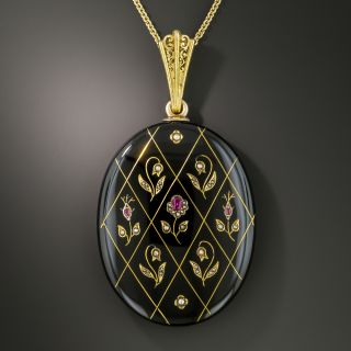 Victorian Black Enamel Ruby Pearl Locket - 2