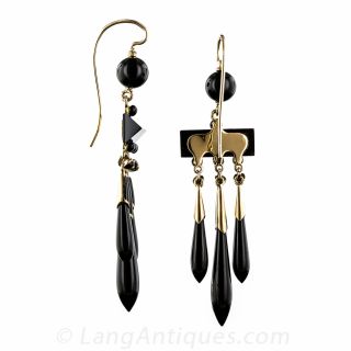 Victorian Black Onyx and Enamel Drop Earrings