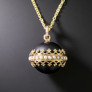 Victorian Black Onyx Ball And Seed Pearl Pendant - 1