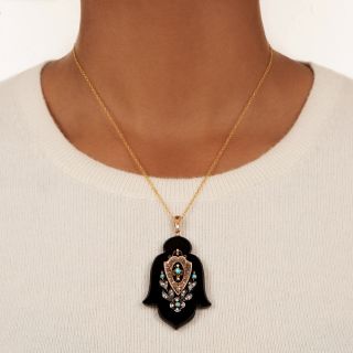 Victorian Black Onyx Pendant/Locket with Turquoise and Pearls