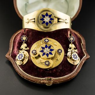Victorian Blue Enamel and Diamond Bracelet, Pendant/Brooch and Earring Set - 2