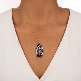 Victorian Blue Enamel and Diamond Pendant