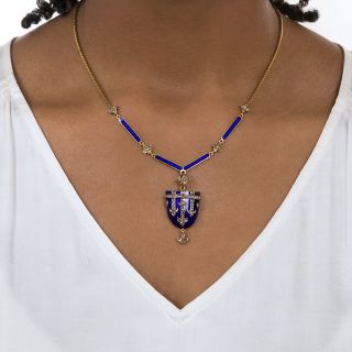 Victorian Blue Enamel and Diamond Shield Locket Necklace 