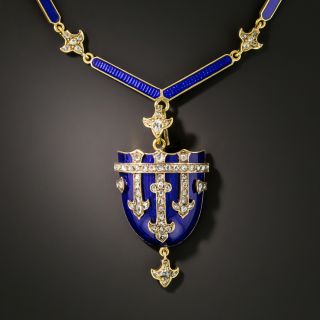 Victorian Blue Enamel and Diamond Shield Locket Necklace  - 3