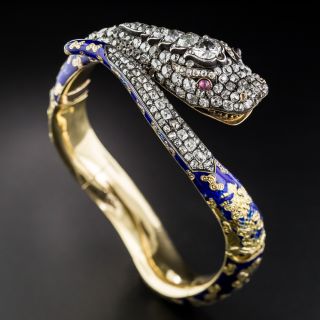 Victorian Blue Enamel and Diamond Snake Bangle Bracelet - 14