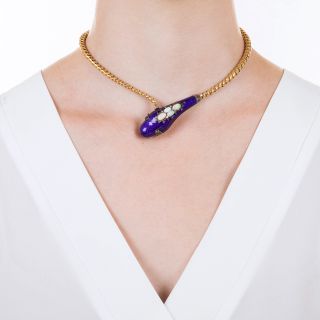 Victorian Blue Enamel and Opal Snake Necklace