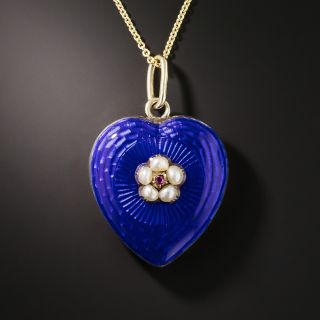 Victorian Blue Enamel, Pearl and Ruby Heart Pendant - 1