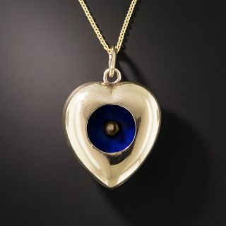 Victorian Blue Enamel, Pearl and Ruby Heart Pendant