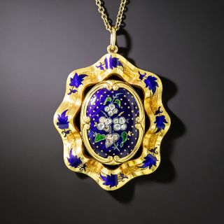 Victorian Blue Enamel Ruffled Diamond Posies Necklace - 3