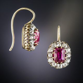 Victorian Silver on Gold, Natural Burma Ruby with Diamond Halo Earrings - 4