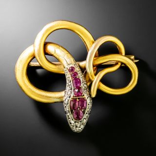 Victorian Burmese Ruby and Diamond Snake Brooch - 2