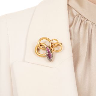 Victorian Burmese Ruby and Diamond Snake Brooch
