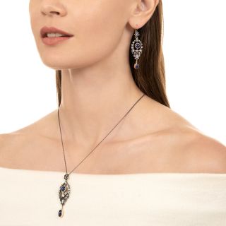 Victorian Cabochon Sapphire and Diamond Earrings and Pendant Suite
