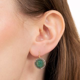 Victorian Carved Green Chalcedony Cameo and Diamond Earrings