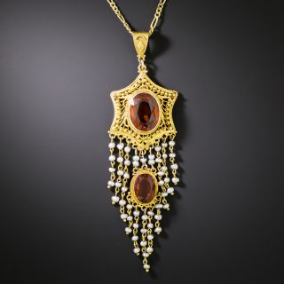 Victorian Citrine And Pearl Filigree Necklace - 2