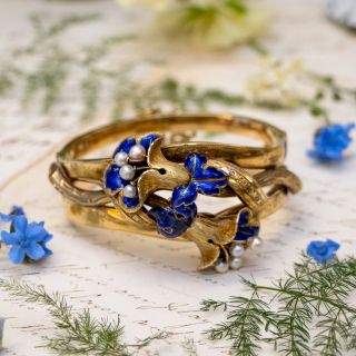 Victorian Cobalt Enamel and Pearl Bangle Bracelet