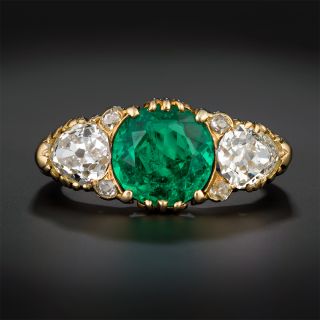 Victorian Colombian Emerald and Diamond Three-Stone Ring - 2