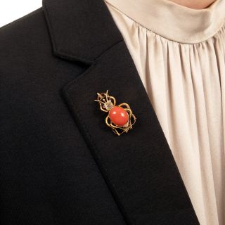 Victorian Coral and Diamond Ant Brooch