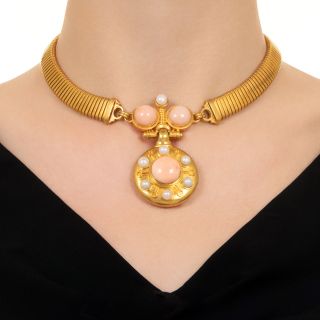 Victorian  Coral and Freshwater Pearl Locket Necklace