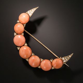 Victorian Coral and Seed Pearl Crescent Pin  - 2
