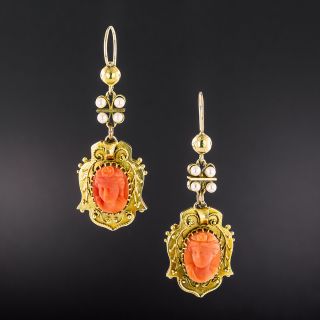 Victorian Coral Cameo and Pearl Dangle Earrings  - 2