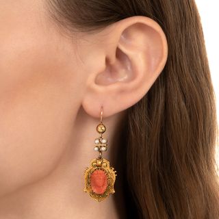 Victorian Coral Cameo and Pearl Dangle Earrings 