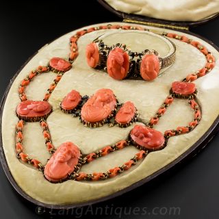 Victorian Coral Cameo Jewelry Suite