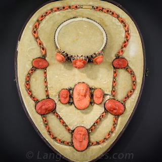 Victorian Coral Cameo Jewelry Suite