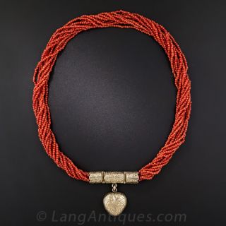 Victorian Coral Necklace with Heart Locket 