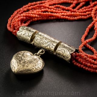 Victorian Coral Necklace with Heart Locket 