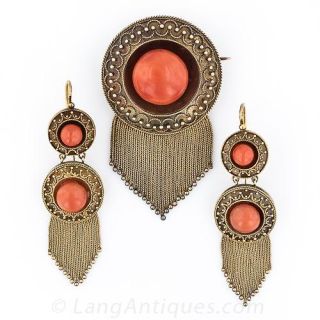 Victorian Coral Tassel Earrings and Brooch